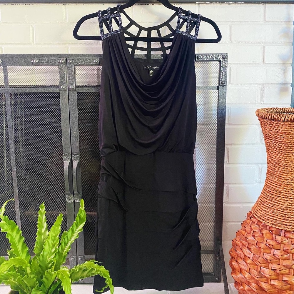 Embellished Cage-Back Black Cowl Neck Bodycon Dress
